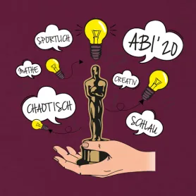 Hand hält goldene Trophäe, umgeben von Glühbirnen und Gedankenblasen mit Text.