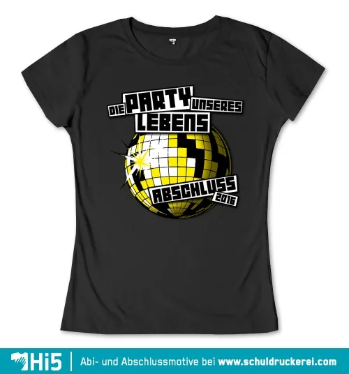 Grafik einer Discokugel mit Text 'Die Party unseres Lebens Abschluss 2016' auf dunklem Hintergrund.