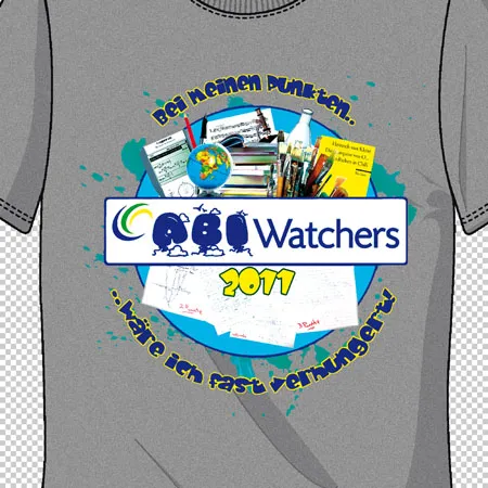 Graues T-Shirt mit buntem Design inklusive Texten, Bildern und Logo "Watchers 2011".