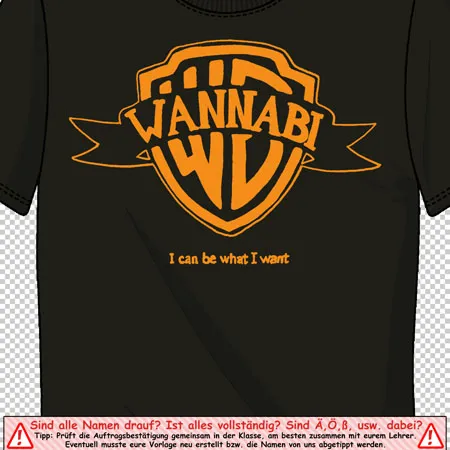 Schwarzes T-Shirt mit orangem 'Wannabi WB' Logo und dem Spruch 'I can be what I want'.