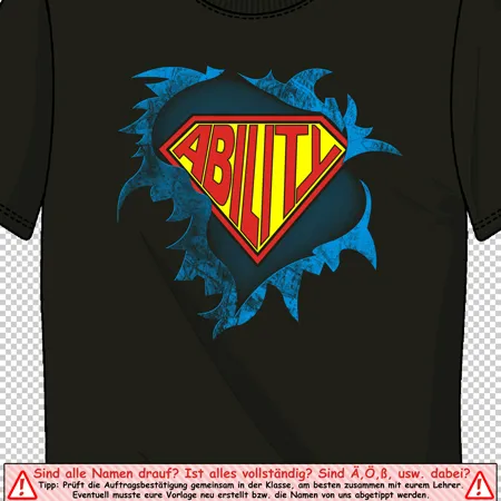 Ein schwarzes T-Shirt mit einem farbenfrohen Superhelden-Logo mit der Aufschrift 'ABILITY'.