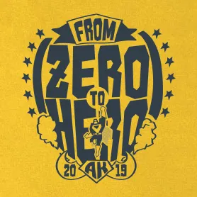 Monochromes Logo mit Text "From Zero To Hero" und Jahreszahl 2019 umgeben von Sternen.