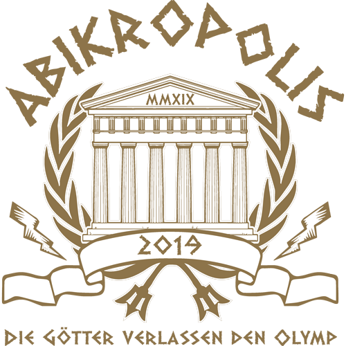 Grafik mit Tempel, Lorbeerkranz und Schriftzug "Abikropolis MMXIX, Die Götter verlassen den Olymp".