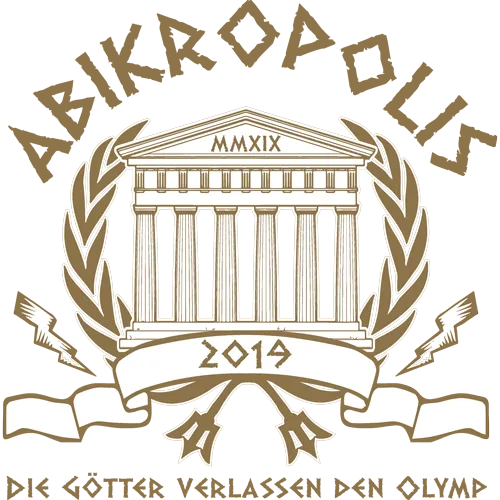 Grafik mit Tempel, Lorbeerkranz und Schriftzug "Abikropolis MMXIX, Die Götter verlassen den Olymp".