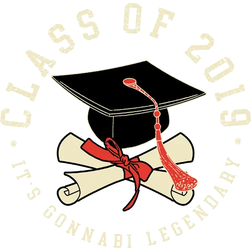 Illustration eines Doktorhuts und zwei überkreuzten Diplomrollen auf blauem Hintergrund, Text "Class of 2019".