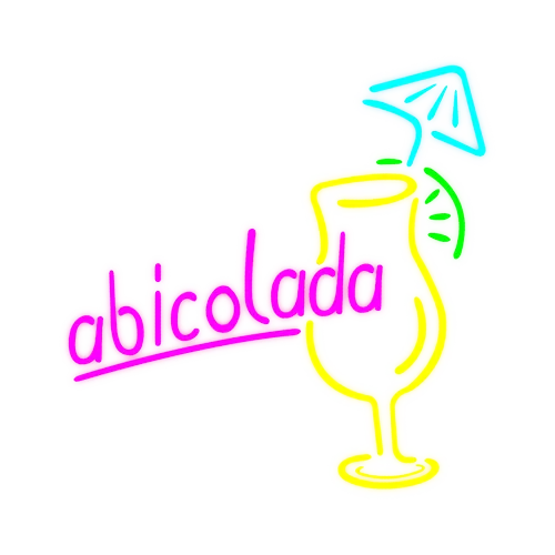 Neonleuchtschild in Form eines Cocktails mit Schirm und Schriftzug 'abicola'