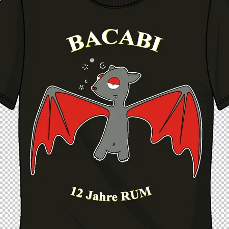 Graues Fledermaus-Design mit roten Flügeln und einem roten Auge auf schwarzem T-Shirt, Text "BACABI 12 Jahre RUM" oben und unten.