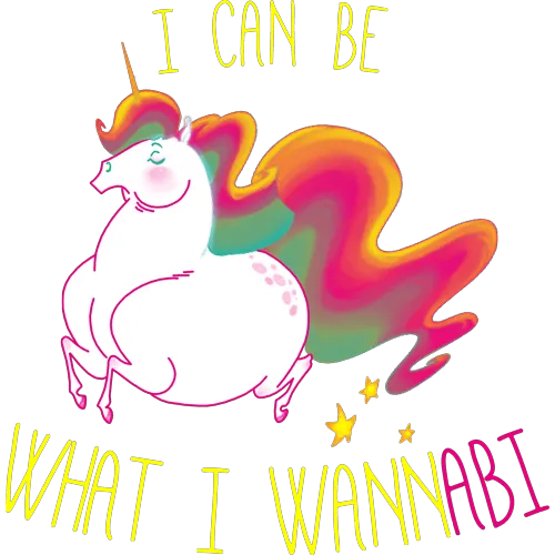 Ein buntes Einhorn mit Regenbogenmähne neben dem Text "I CAN BE WHAT I WANNABI".