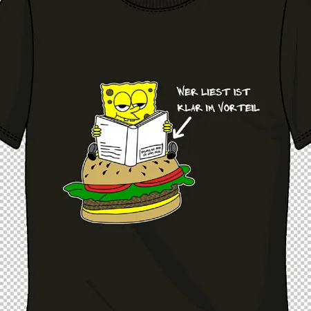 Ein T-Shirt mit einem Design von SpongeBob, der auf einem Burger sitzt und liest. Text: "Wer liest ist klar im Vorteil".