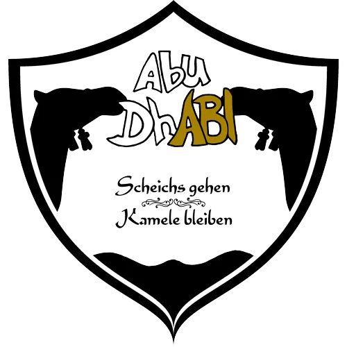 Wappen mit zwei Kamelen und dem Text "Abu Dhabi, Scheichs gehen, Kamele bleiben" auf türkisem Hintergrund.