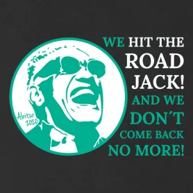 Grafik im Stil einer Silhouette von Ray Charles mit Sonnenbrille, Text "Hit the Road Jack" und "Abitur 2020".