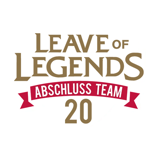 Logo mit Text 'Leave of Legends' und 'Abschluss Team 20' auf dunklem Hintergrund.