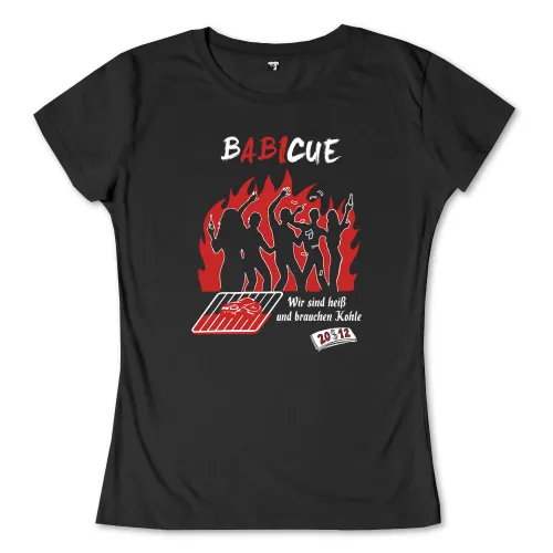 Silhouette von Personen, die tanzen, über Flammen, mit Text "BABICUE" und "Wir sind heiß und brauchen Kohle".
