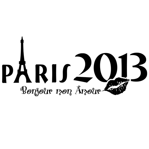 Design mit Text "PARIS 2013", Eiffelturm-Silhouette und Kussmund auf rotem Hintergrund.