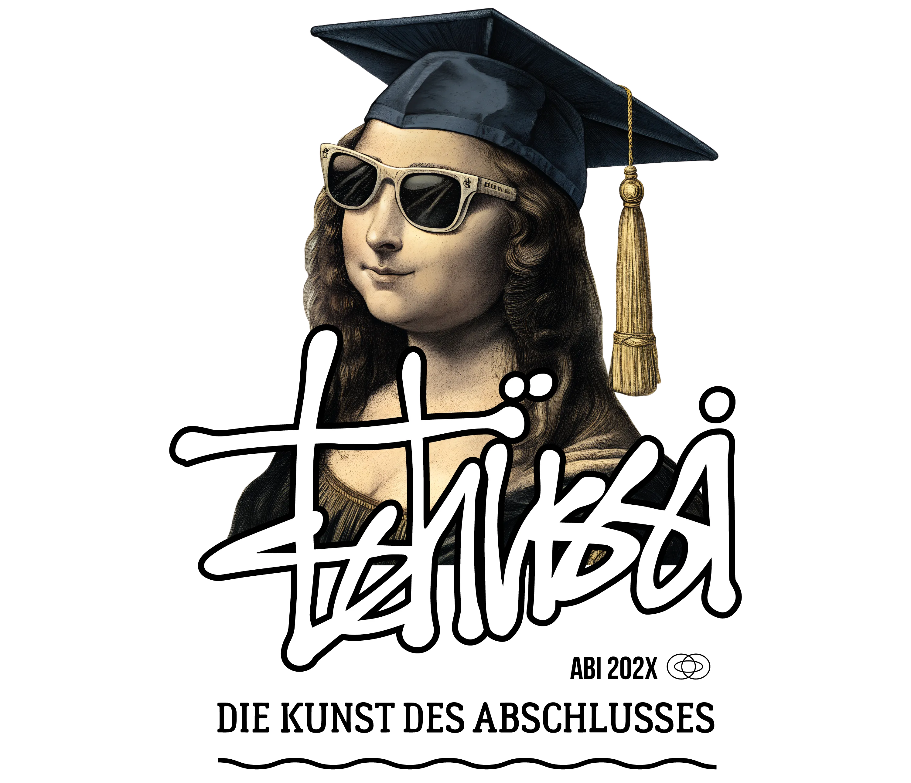 Mona Lisa mit Sonnenbrille und dunklem Akademikerhut vor schwarzem Hintergrund und weissem Graffiti Schriftzug