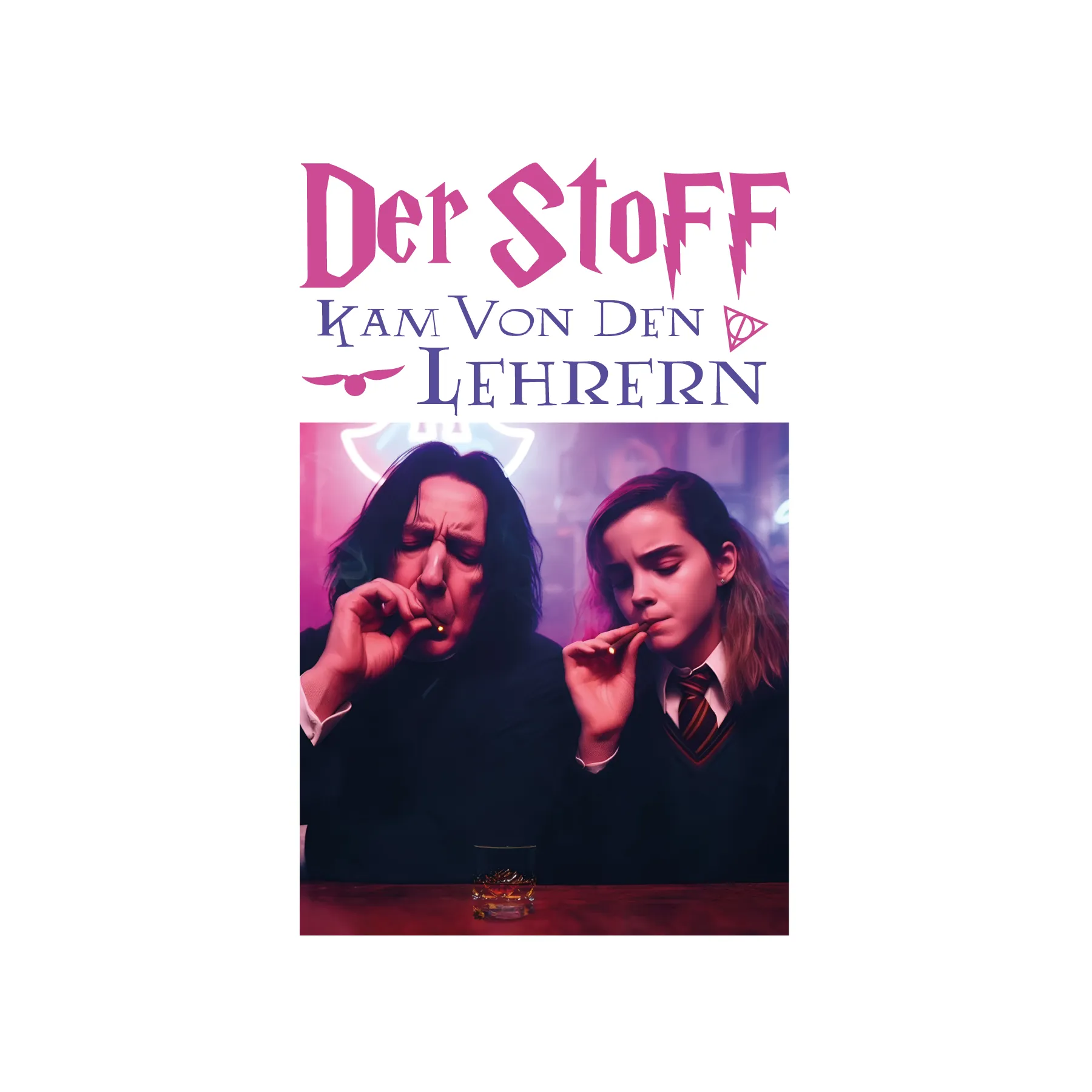 Poster mit Schriftzug Der Stoff kam von den Lehrern Ein älterer Mann in schwarzer Kleidung und eine Schülerin in Schuluniform rauchen an einer Bar
