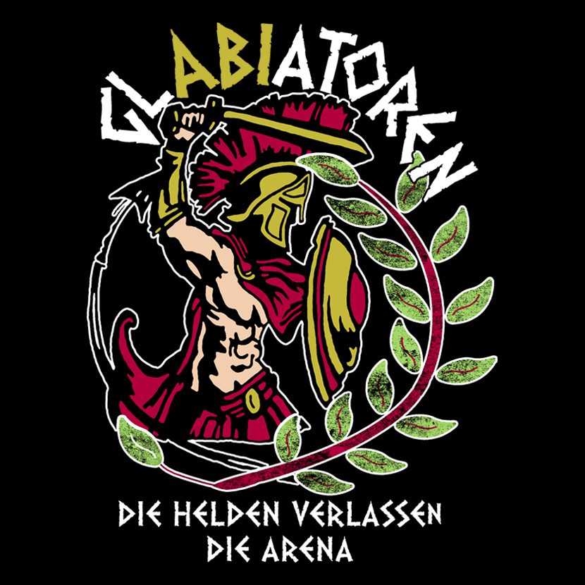 Illustration eines Gladiators umringt von Lorbeerzweigen mit Text "Gladiator - Die Helden verlassen die Arena".