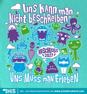 Vielfältige cartoonartige Monster und Symbole auf türkisfarbenem Hintergrund mit Text "Abschluss 2017".