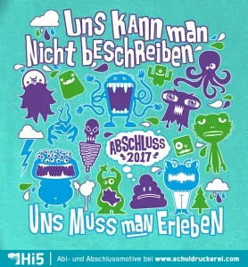 Vielfältige cartoonartige Monster und Symbole auf türkisfarbenem Hintergrund mit Text "Abschluss 2017".