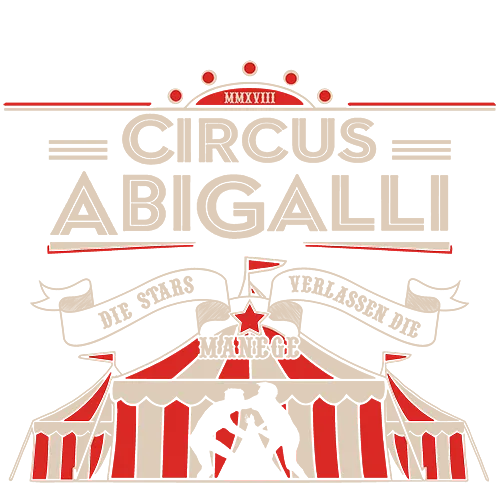 Grafische Darstellung eines Zirkuszelts mit Text "Circus Abigalli" und "Die Stars verlassen die Manege".