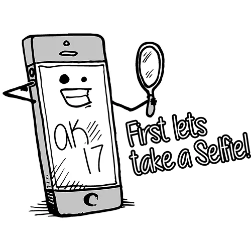 Ein anthropomorphes Smartphone hält einen Spiegel und zeigt neben einem Schild mit der Aufschrift "First lets take a Selfie!".