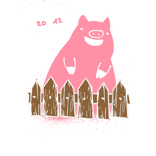 Illustration eines rosa Schweins über einem Zaun, Titel "Abschluss 2024" und Text "Scheiss auf die Schweinegrippe".