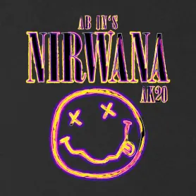 Grafik zeigt "AB INS NIRWANA AN20" Text und Smiley mit XX-Augen auf lila Hintergrund.