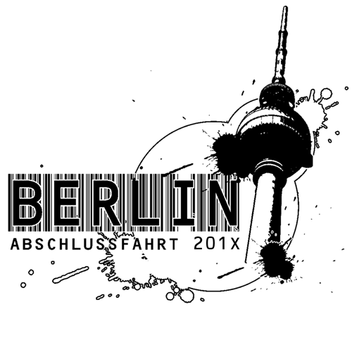 Grafik mit "BERLIN" und Fernsehturm-Silhouette, Text "Abschlussfahrt 201X", rosa Hintergrund.