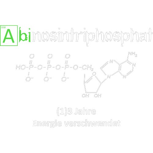 Strukturformel von Adenosintriphosphat mit Beschriftung auf blauem Hintergrund.
