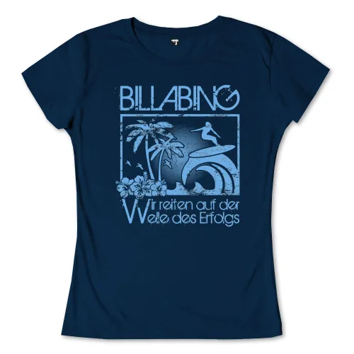 Schwarzer Text „BILLABINO“ und Slogan „Wir reiten auf der Welle des Erfolgs“ auf texturiertem Hintergrund