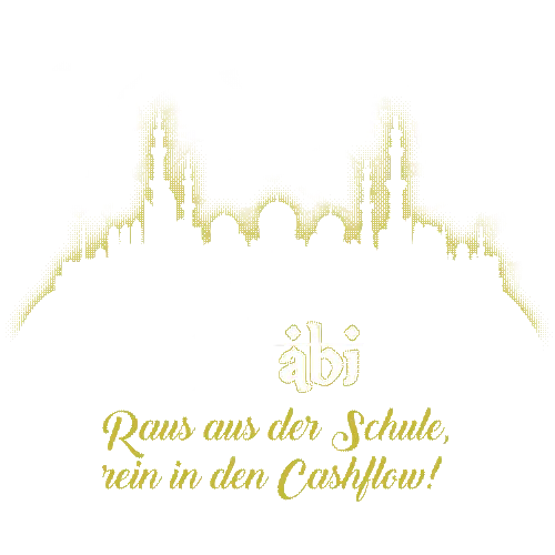Silhouette einer Stadtlandschaft über Text 'Raus aus der Schule, rein in den Cashflow!' in Gold.