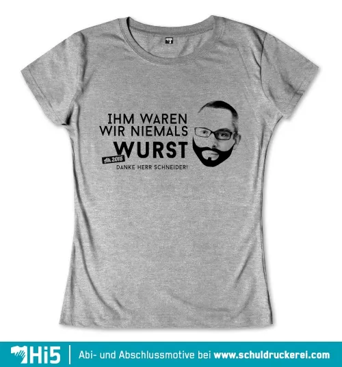 Schwarzes T-Shirt-Design mit Text "IHM WAREN WIR NIEMALS WURST" und einem gezeichneten Porträt eines Mannes mit Brille und Bart.