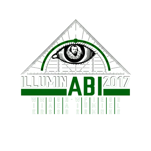 Graues T-Shirt mit Illuminati-Augensymbol und Text "ILLUMIN ABI 2017" über einem Buchstabengitter.