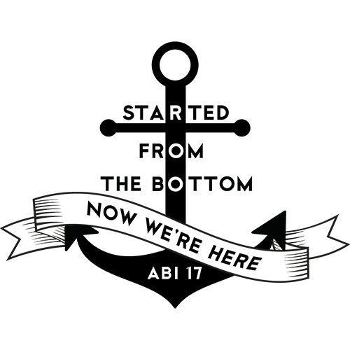 Schwarzer Anker mit einem Banner, auf dem "Started from the bottom now we're here ABI 17" steht.
