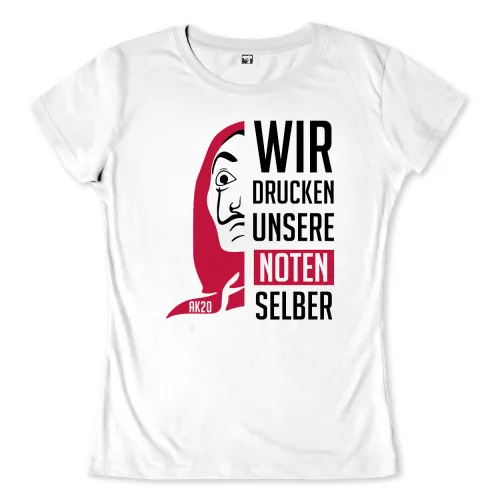 Ein grafisches Plakat in Schwarz, Weiß und Rot mit Profilansicht einer Person und dem Text "WIR DRUCKEN UNSERE NOTEN SELBER AK20".