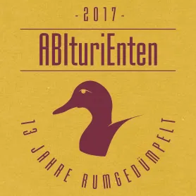 Schwarze Enten-Silhouette mit Text "AbituriEnten", "2017", "13 Jahre rumgeduempelt" in Weiß.