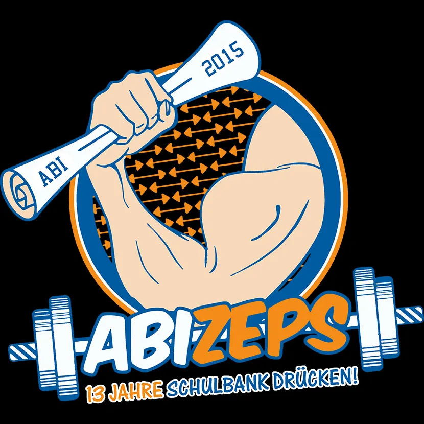 Illustration mit muskulösem Arm, der ein Diplom hält, umgeben von Text "ABI" und "Abizeps".