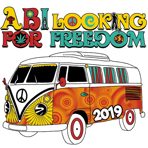 Bunter Vintage-Van mit "ABI LOOKING FOR FREEDOM 2019" Text darüber.