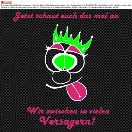 Grafische Darstellung eines stilisierten Gesichts mit Krone und ironischem Text auf schwarzem Hintergrund.