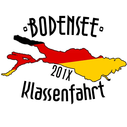 Graues T-Shirt mit einer Karte des Bodensees in Schwarz, Rot, Gelb und "Bodensee 20XX Klassenfahrt" Text.