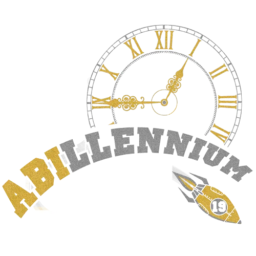 Grafik eines Abschluss-T-Shirts mit Uhrmotiv, Beschriftung "ABI-MILLENNIUM" und Satz "Das letzte Jahrtausend verabschiedet sich!".