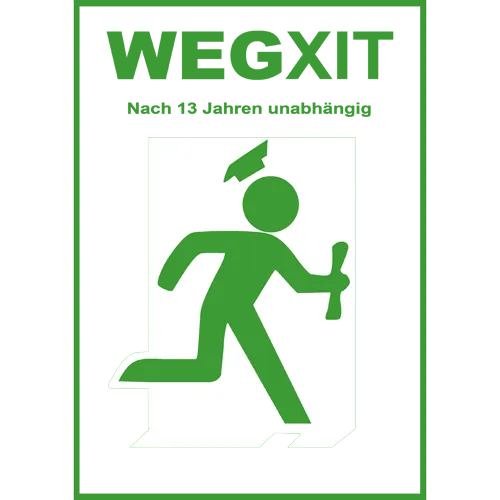 Grüne Figur rennt durch offene Tür auf schwarzem Hintergrund, Text 'WEGXIT Nach 13 Jahren unabhängig'.