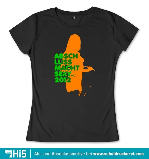 Silhouette einer stehenden Person mit erhobenem Zeigefinger, Text "ABSCHLUSS MACHT SEXY 2012" in Orange auf schwarzem Hintergrund.
