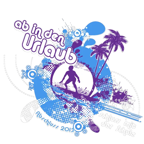 Grafik mit Text 'ab in den Urlaub' und 'Schluss mit der Schule', Palmen, Surfer und Weltkugel auf dunkelblauem Hintergrund.