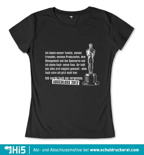 Eine Oscar-Statue neben einem Dankeschreiben, inklusive dem Text "Abschluss 2012" und Website-Adresse.