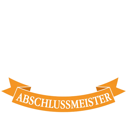 Orangenes Banner mit dem Wort 'ABSCHLUSSMEISTER' in weißen Buchstaben.
