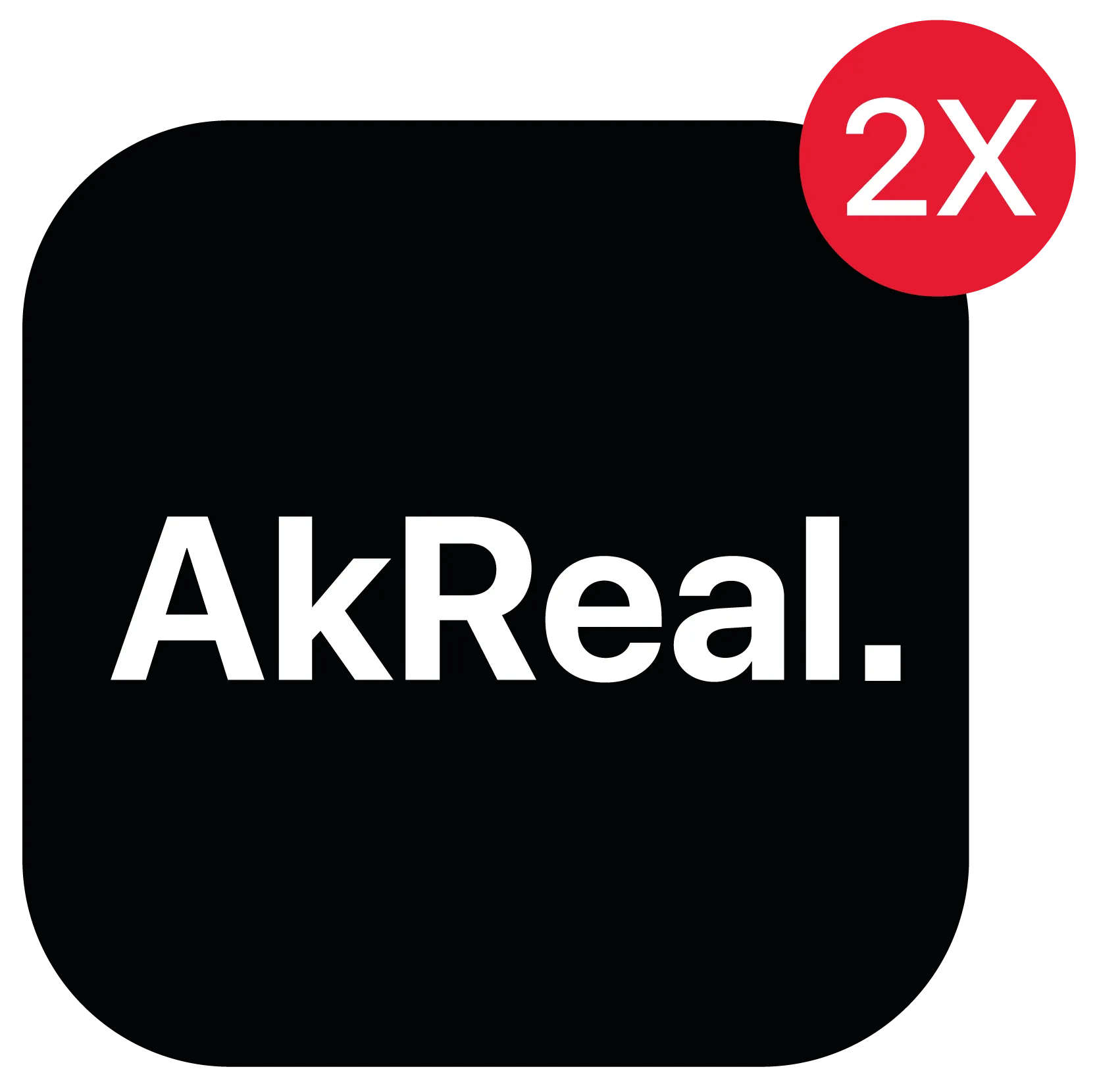 Schwarzes abgerundetes Quadrat mit weissem Schriftzug AkReal Punkt und rotem Kreis oben rechts mit weissem 2X