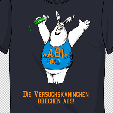 Schwarzes T-Shirt mit einem weißen Kaninchen in einem blauen Tanktop, das eine Spritze hält.