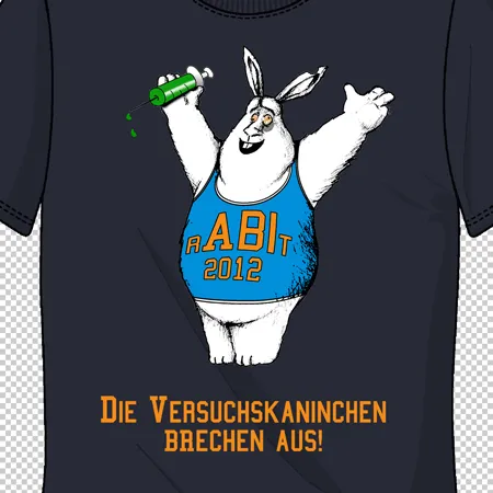 Schwarzes T-Shirt mit einem weißen Kaninchen in einem blauen Tanktop, das eine Spritze hält.