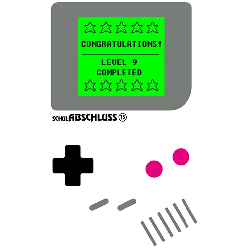 Digitale Darstellung einer tragbaren Spielkonsole mit 'Level 9 abgeschlossen' auf dem Bildschirm.